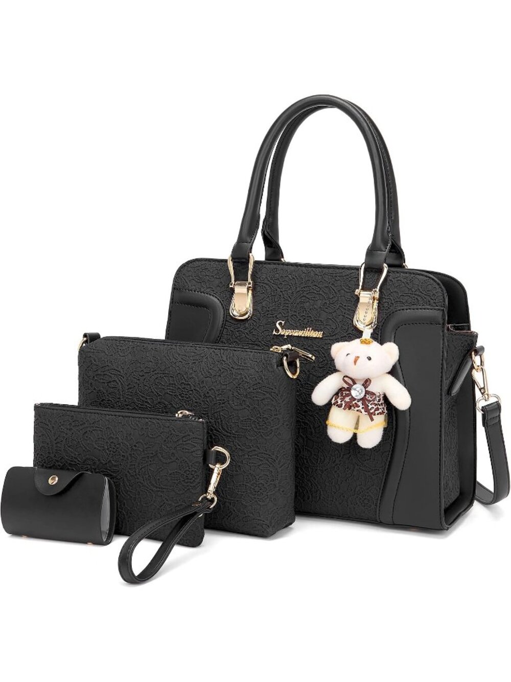 Women's Black 4Pc Handbag Set Tote Shoulder Satchel Purse with Bear Charm